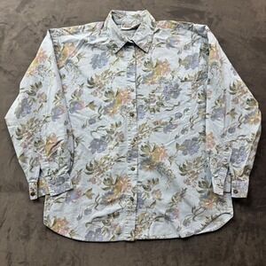 Capacity Vintage Floral Cotton Button Down Shirt Blue Large Cottagecore Retro